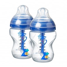 Tommee Tippee Advanced Anti-Colic PP Baby Feeding Bottle, Blue, 2-Pack, 0m+, 260ml/9oz, 422657/38