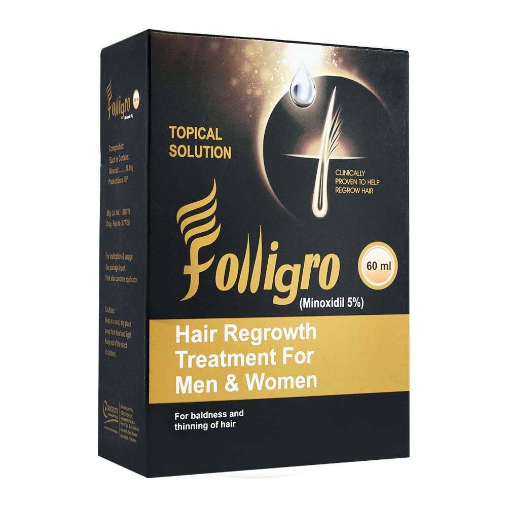 Buy Folligro Minoxidil 5% Hair Regrowth Treatment For Men & Women, For  Baldness & Thinning, 60ml Online At Competitive Price 